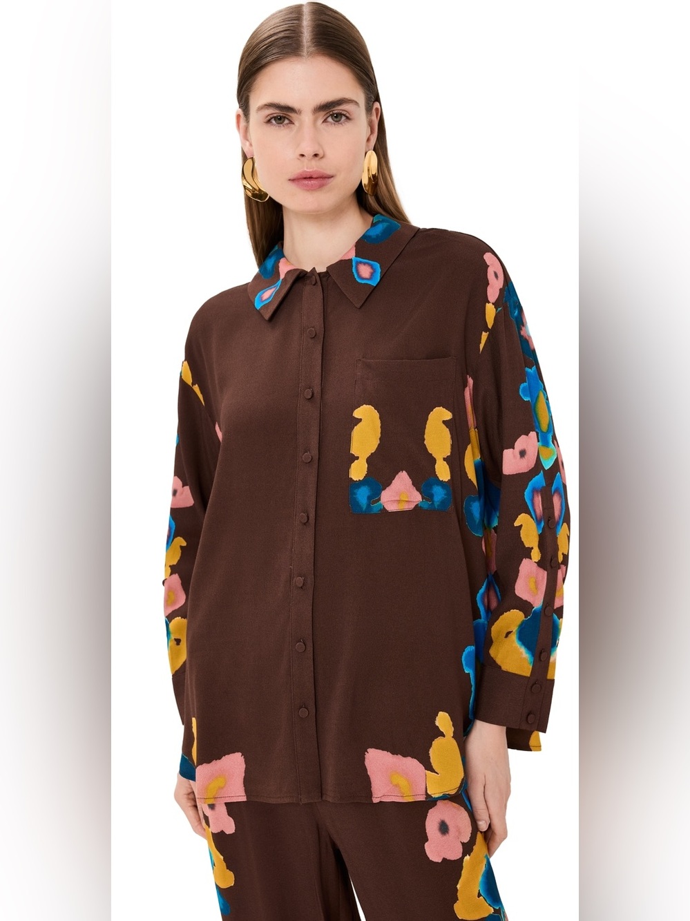 Figue Tori Top Abstract Floral Print Blouse Inkblot Ikat Espresso Brown Size S